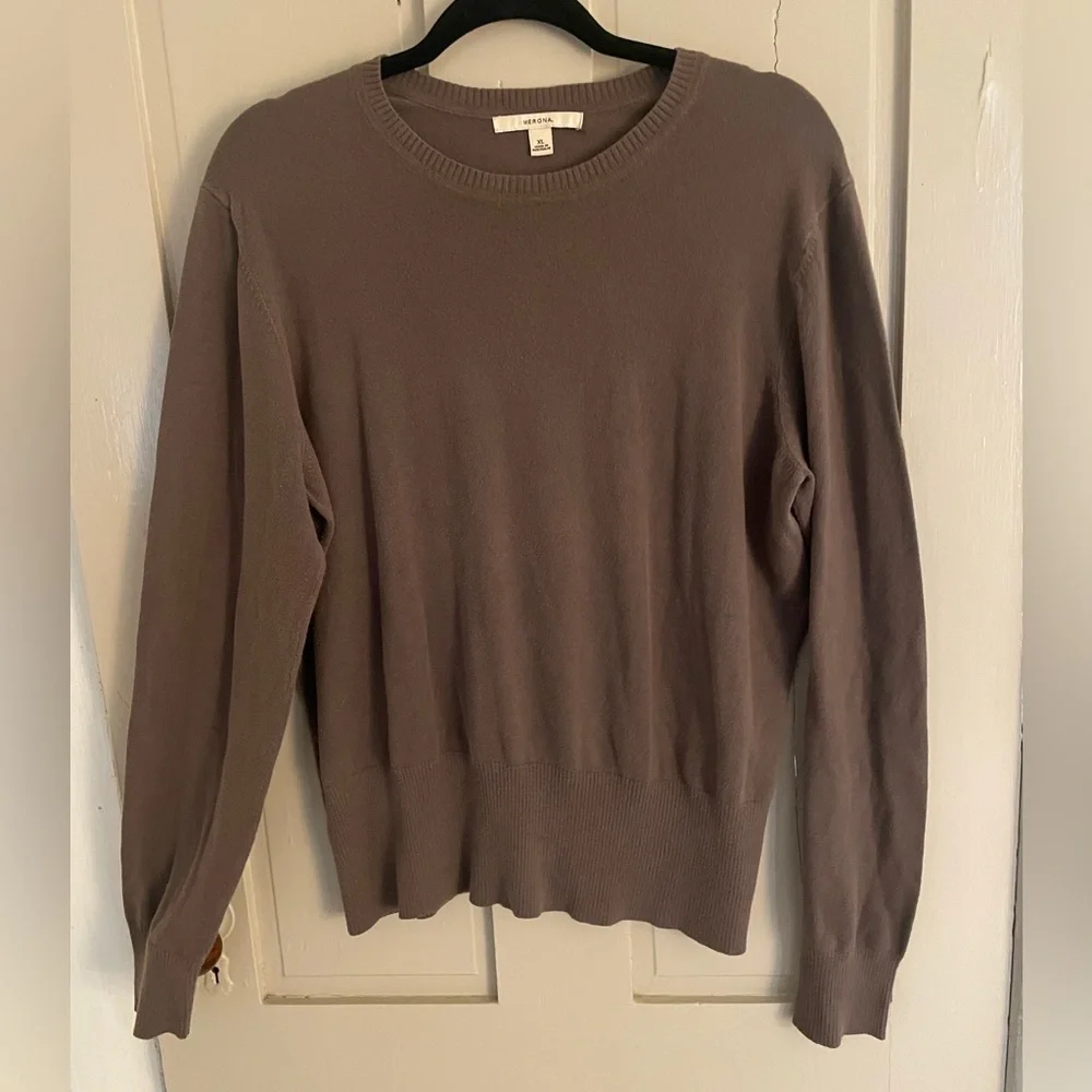 Merona Brown Crew Neck Sweater Fine-Gauge Cotton Sweater Comfy Stretchy Light - Picture 2 of 9